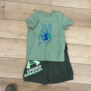 Under Armour shorts and cat and Jack top